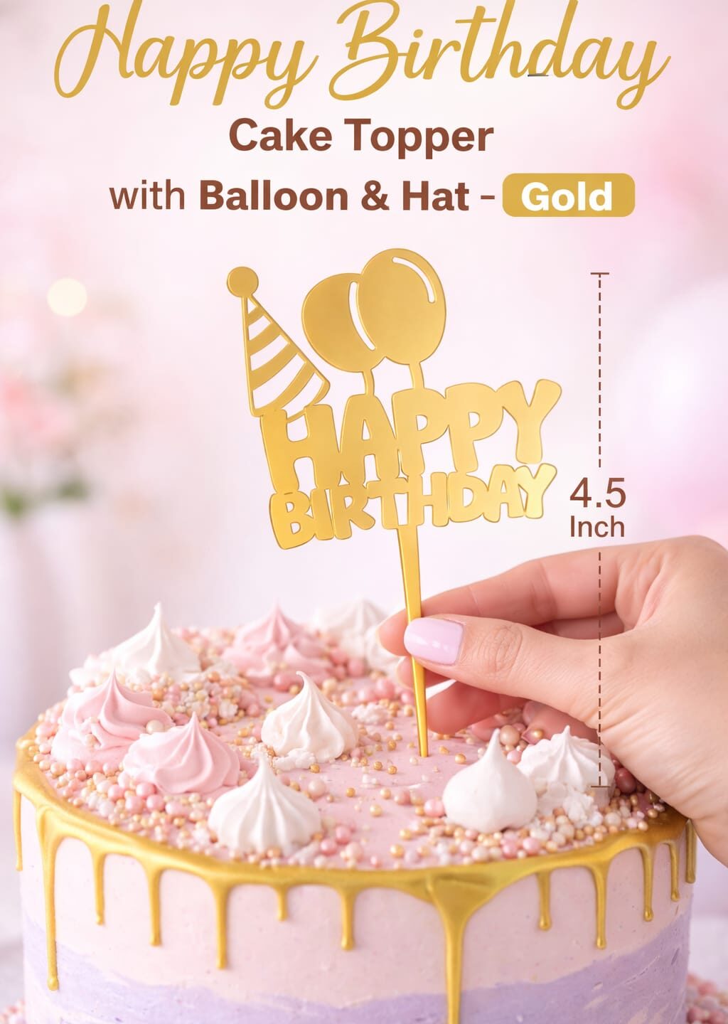 Happy Birthday Cake Topper with balloon and hat Gold – 4.5 Inch