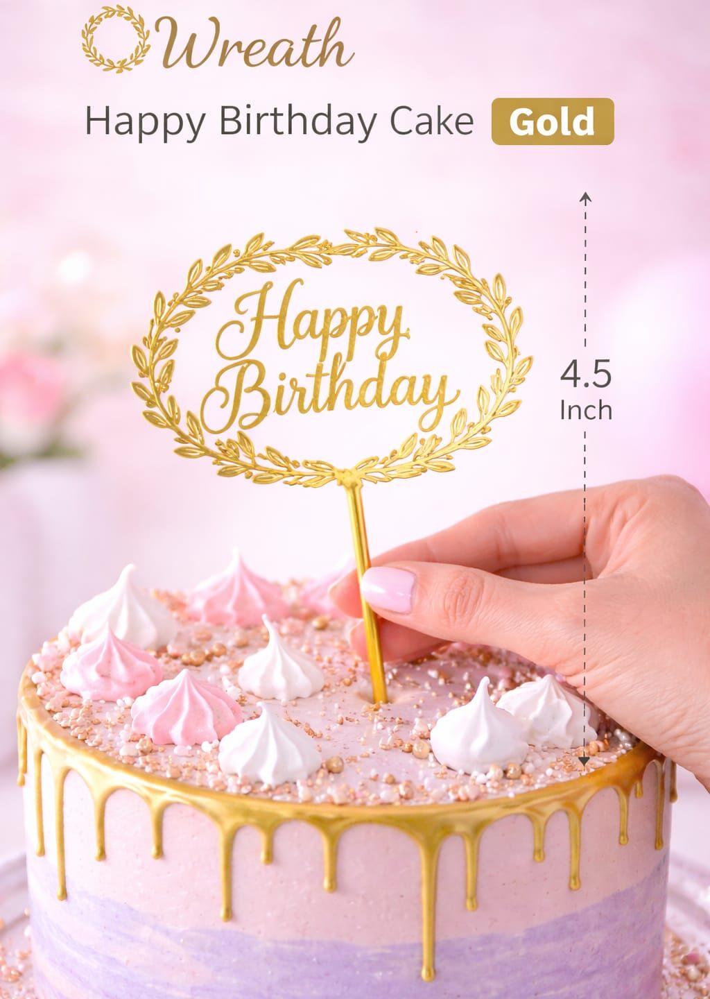 Wreath Happy Birthday Cake Topper Gold – 4.5 Inch