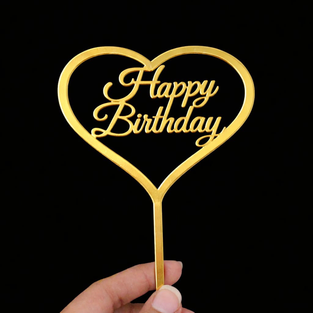 Happy Birthday Cake Topper with Heart Gold – 4.5 Inch