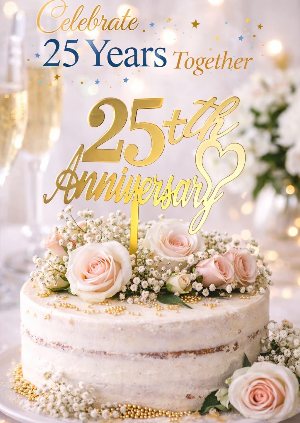 25th Anniversary Gold Acrylic Cake Topper with Heart