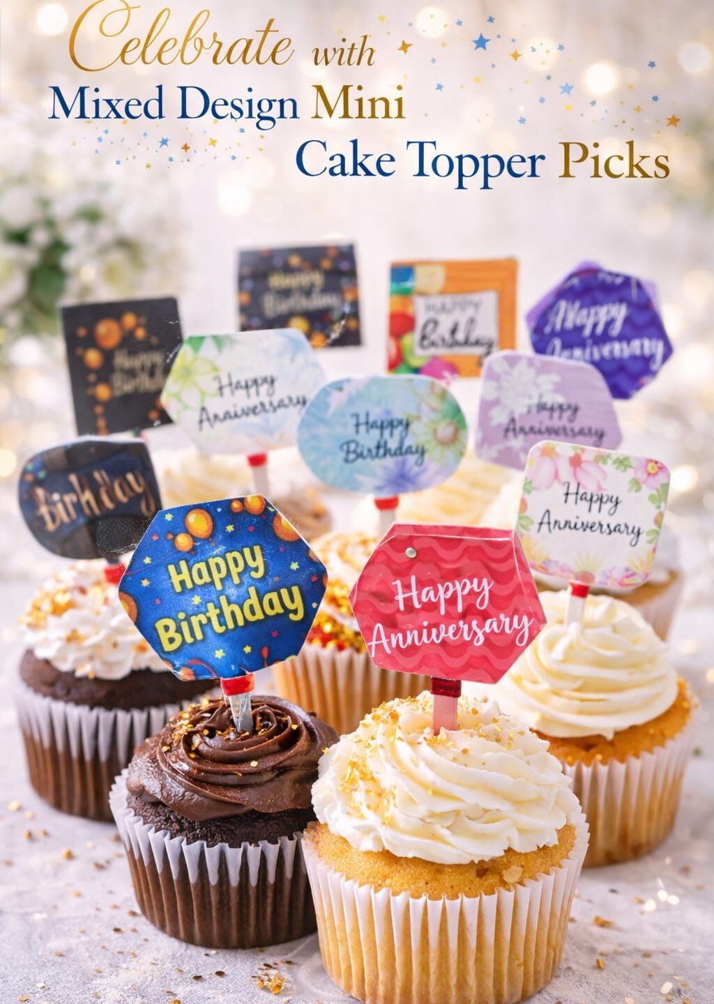 Mixed Design Mini Cake Topper Picks – 5 Sets (100 Pcs)