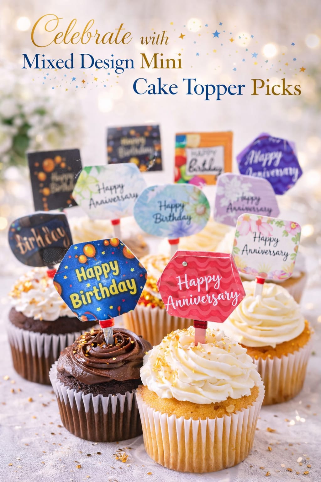 Mixed Design Mini Cake Topper Picks – 5 Sets (100 Pcs)