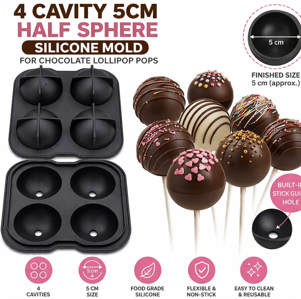 4 Cavity 5cm Half Sphere Silicone Mold for Chocolate Lollipop Pops
