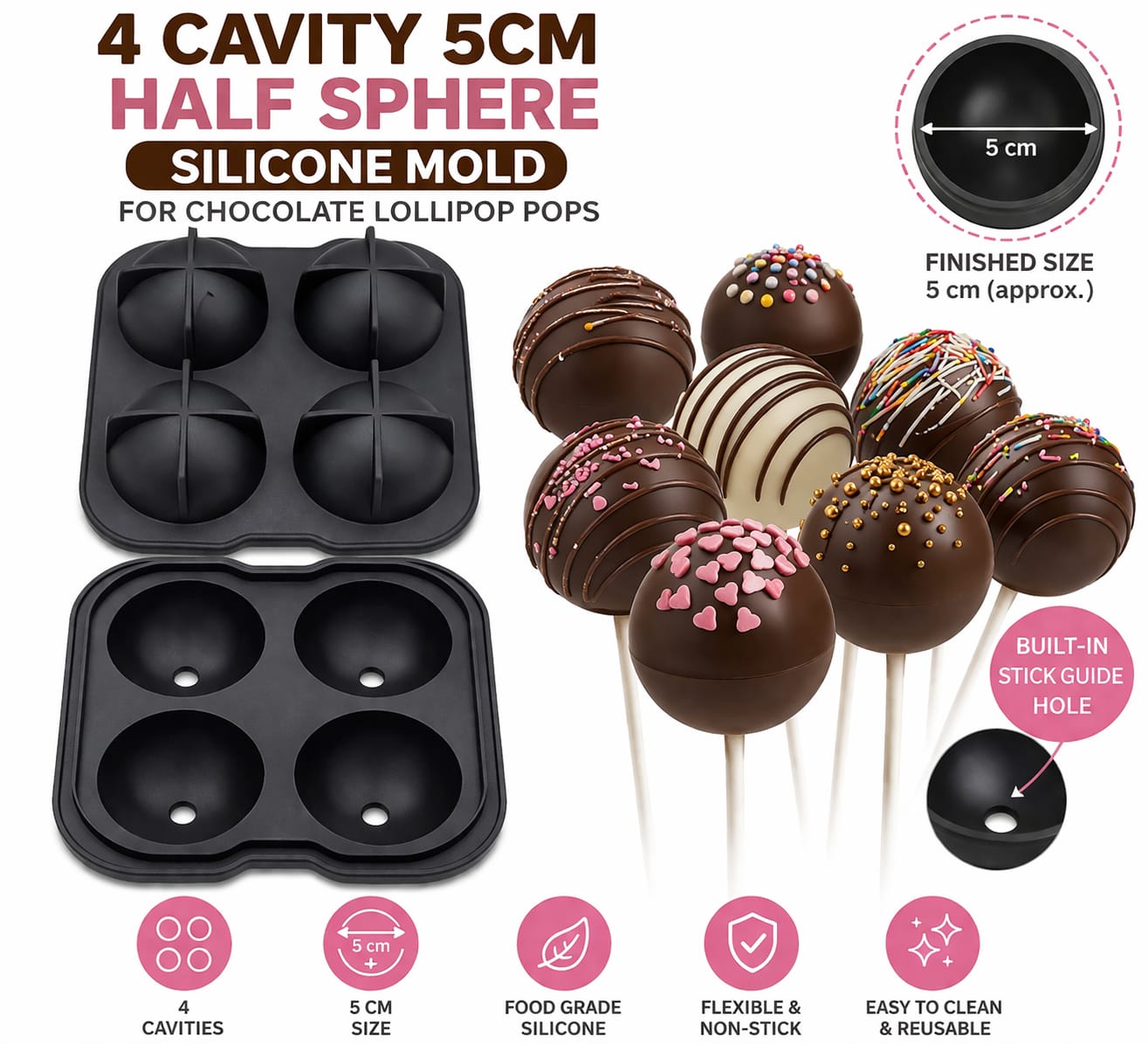 4 Cavity 5cm Half Sphere Silicone Mold for Chocolate Lollipop Pops