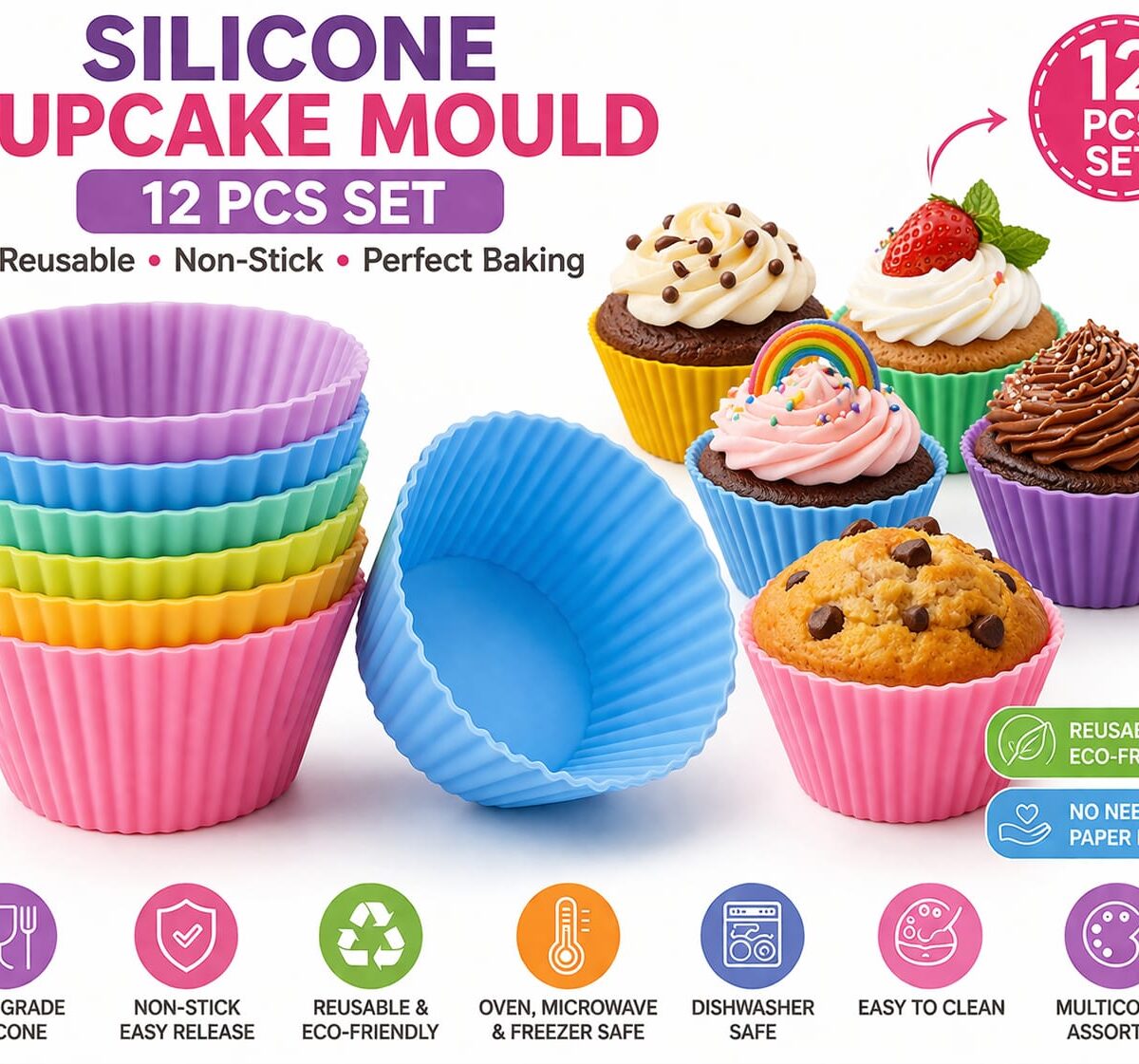 Reusable Silicone Cupcake Mould – 12 Pcs Multicolor Set