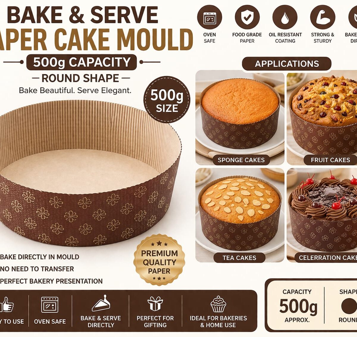 Bake & Serve Paper Cake Mould Pack of 10– 500g (Round)