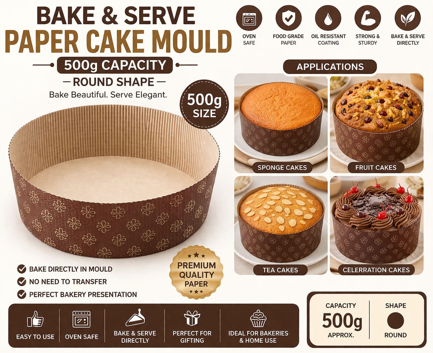 Bake & Serve Paper Cake Mould Pack of 10– 500g (Round)