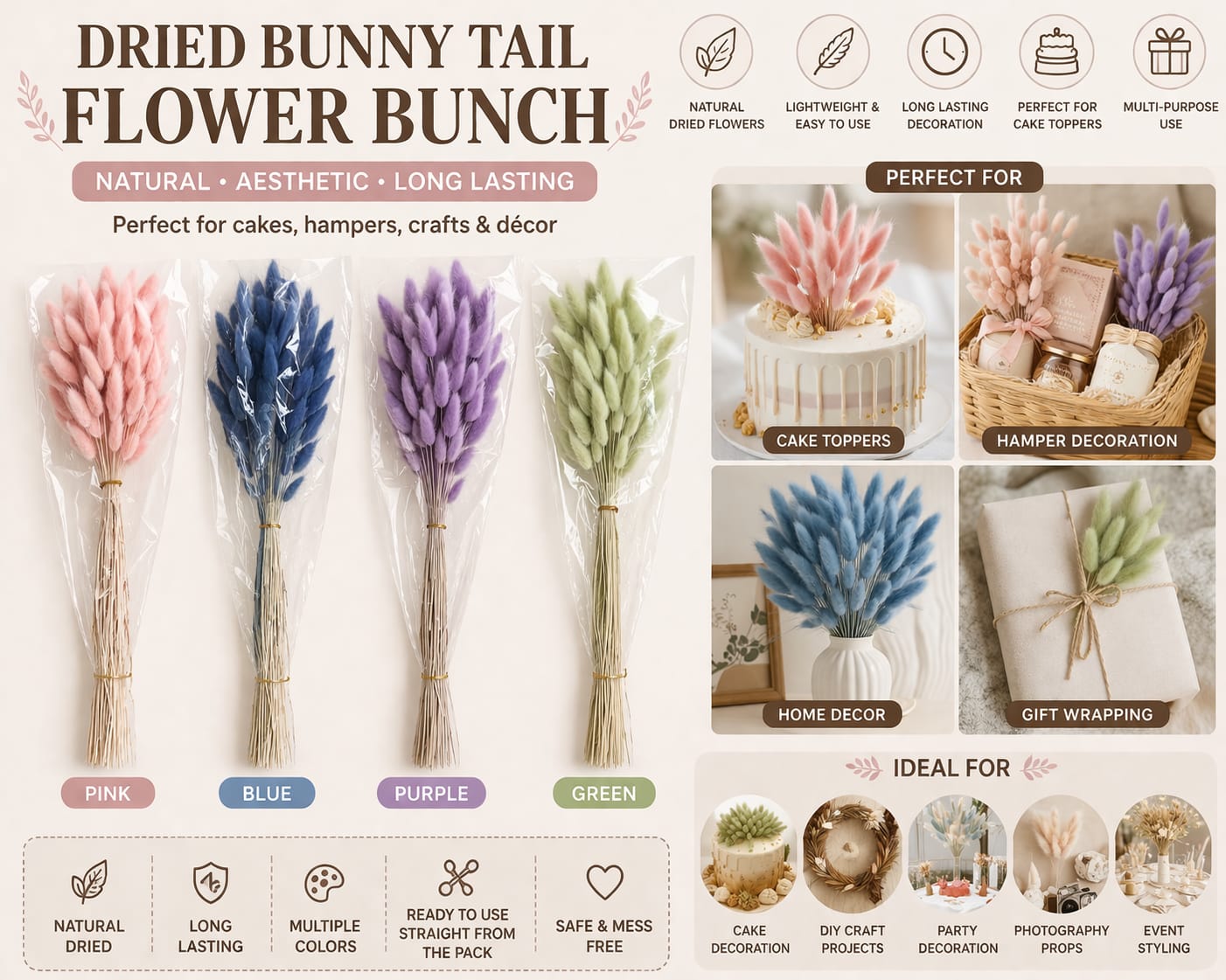Dried Bunny Tail Flower Bunch – Assorted Colors