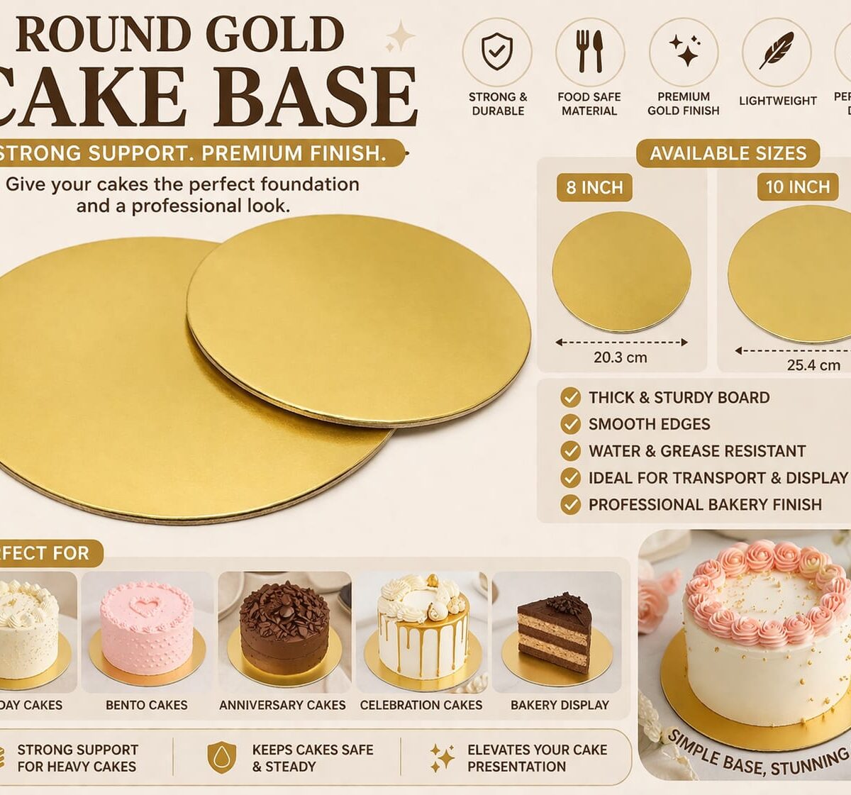 Round Gold Cake Base – Pack of 10