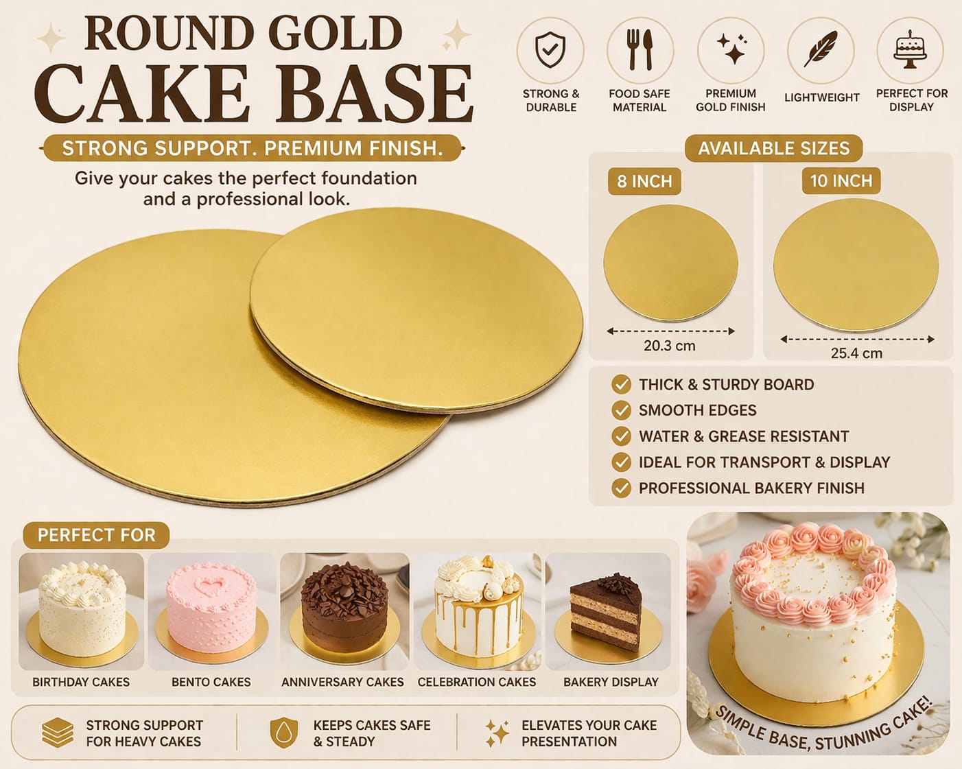 Round Gold Cake Base – Pack of 10