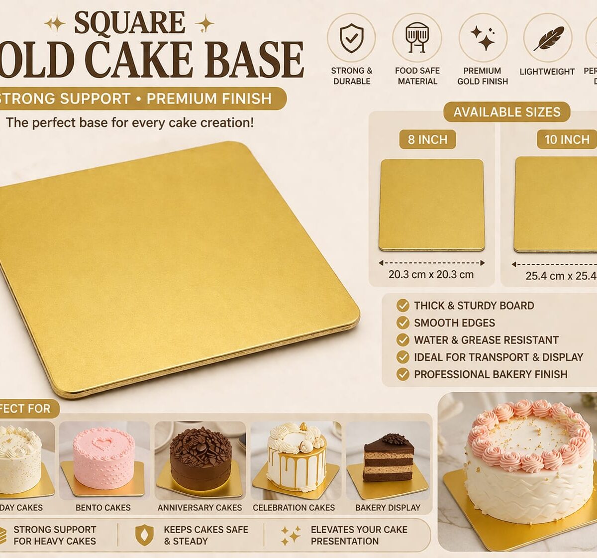 Square Gold Cake Base – Pack of 10