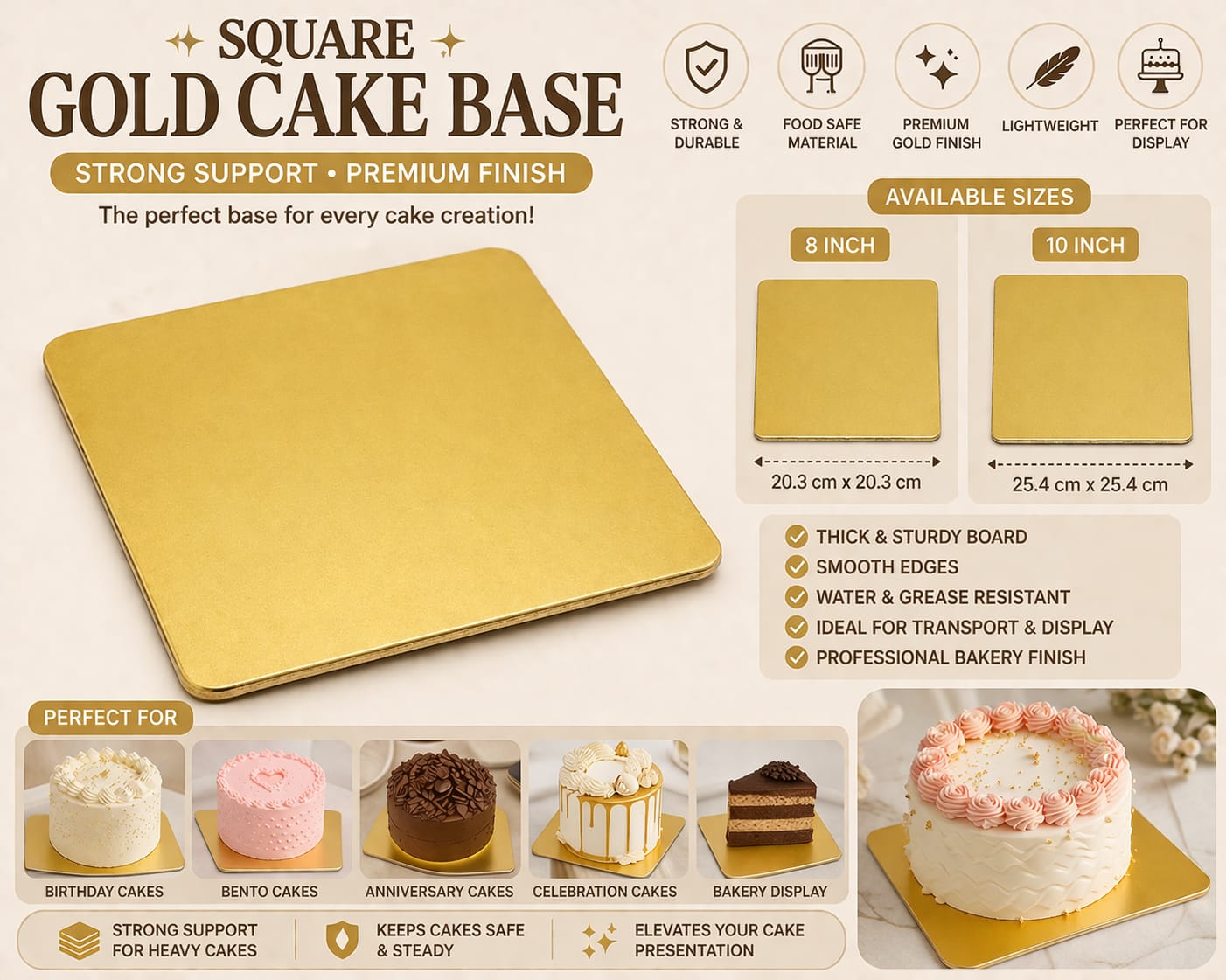 Square Gold Cake Base – Pack of 10