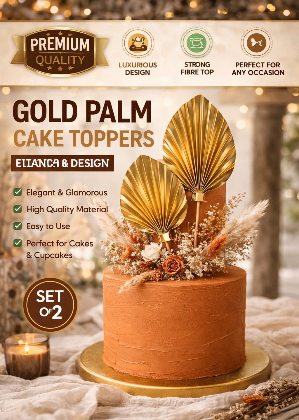 Gold Palm Leaf Cake Topper – Set of 2