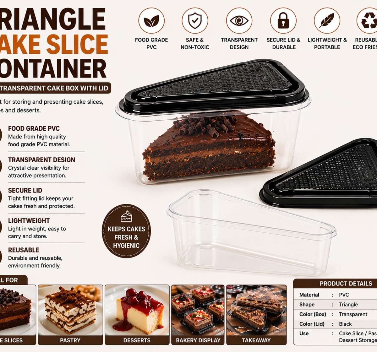 Triangle Cake Slice Container – Transparent PVC Cake Box with Lid
